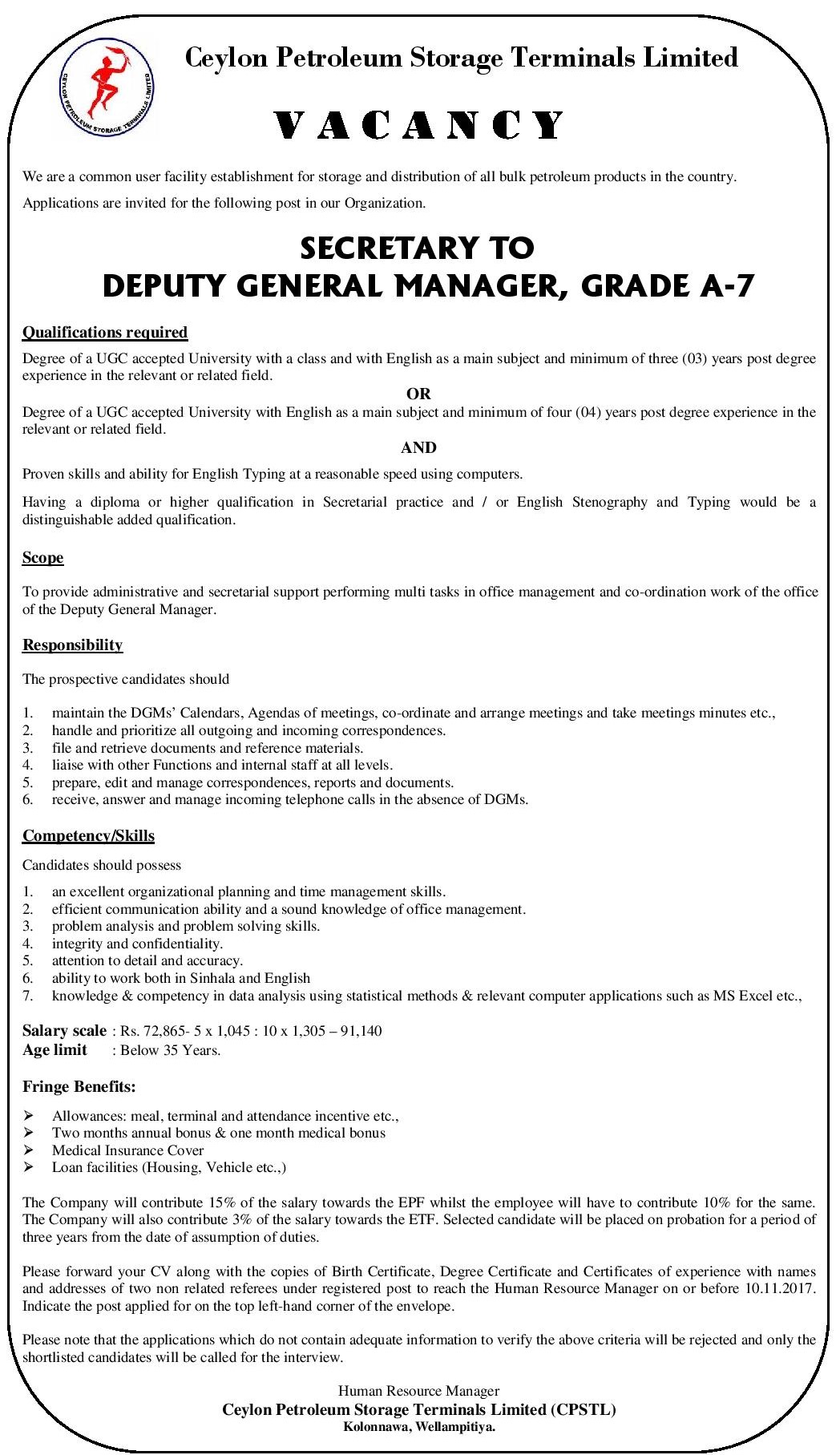 Secretary to Deputy General Manager - Ceylon Petroleum Storage Terminals Ltd